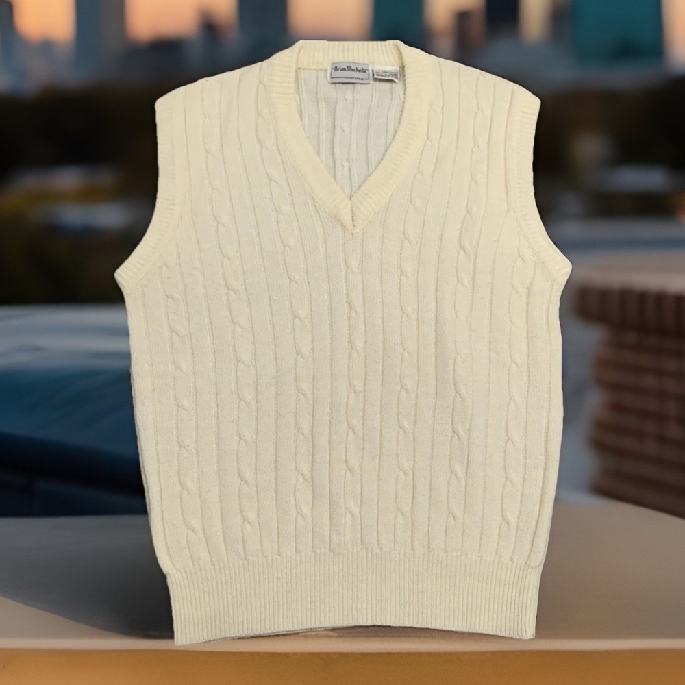 VTG 70s Brian MacNeil‎ Sweater Vest Mens L White Cable Knit Fisherman Grandpa
